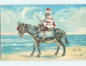 Pre-Linen CUTE GIRL RIDING MINIATURE PONY HORSE ON BEACH HL6211