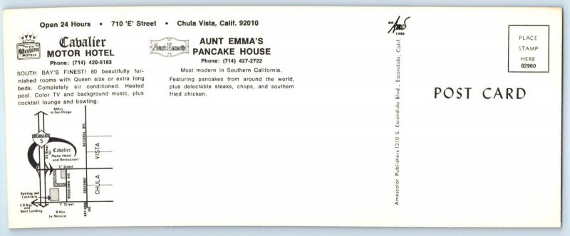 CHULA VISTA, CA ~Roadside CAVALIER MOTEL Aunt Emma's PANCAKE HOUSE Long Postcard