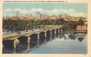 Richmond Virginia~Skyline & Mayo Bridge over Historical James River~1940 Pc