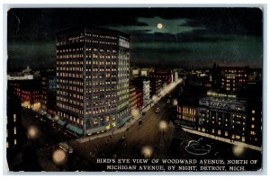 1911 Bird's Eye View Woodward Ave North Michigan Ave Night Detroit MI Postcard