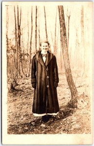 Young Woman, Long Fur Coat with Bowtie in the Woods Portrait - Vintage Postcard