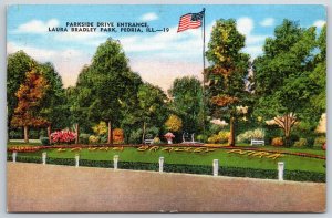 Peoria IL~Parkside Drive Entrance @ Laura Bradley Park~PM 1949~Linen Postcard