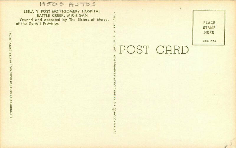 Battle Creek Michigan Post Memorial Hospital 1950s Autos Postcard 21-12634