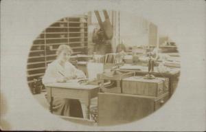 Woman Works in Office Old Telephone Pen Books Shelves Desks c1910 RPPC