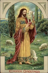 Easter Jesus Christ With Lambs c1910 Vintage Postcard