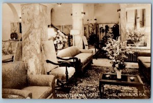St. Petersburg FL Postcard RPPC Photo Pennsylvania Hotel Lobby Interior View