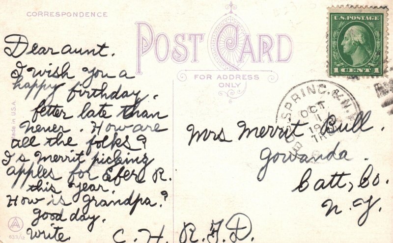 Vintage Postcard 1910's To My Dear Aunt Deepest Regard Letter To A Relative