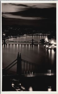 Hungary Budapest Panorama of the Danube by Night Vintage RPPC C094