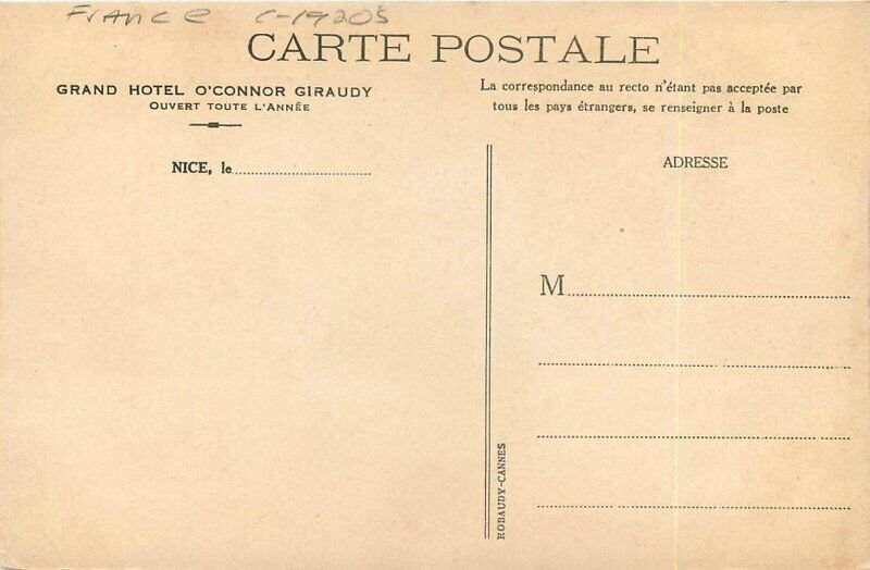 France Nice C-1920s Grand Hotel O'Connor Giraudy autos Postcard 22-7539