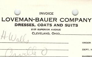 1938 LOVEMAN-BAUER CO. CLEVELAND OH DRESSES COATS SUITS BILLHEAD INVOICE Z1182