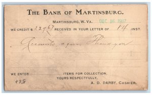 1907 The Bank of Martinsburg West Virginia WV Shepherdstown WV Postal Card