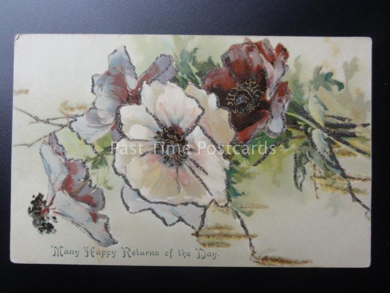 Glittered Poppy Postcard: Many Happy Returns of the Day by Max Ettlinger & Co