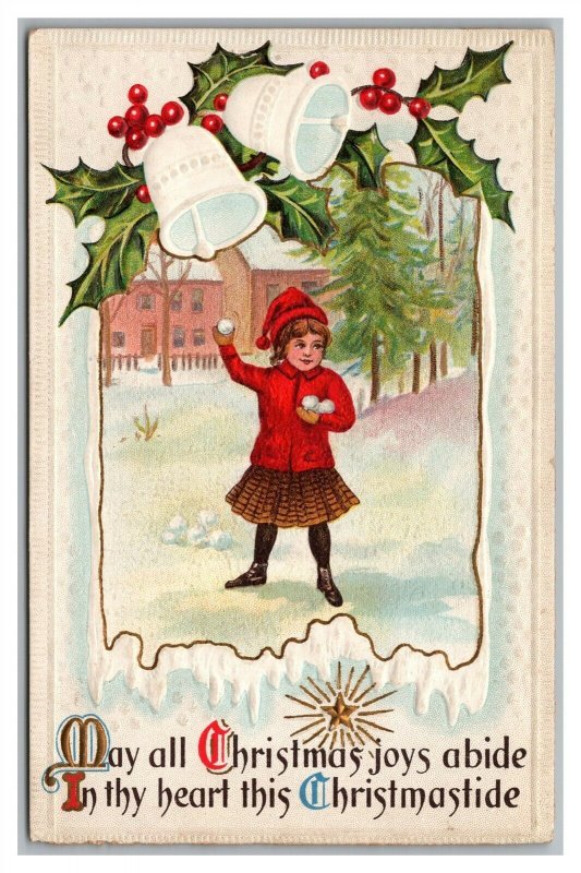 Postcard Christmas Girl Throwing Snowballs Church Bells Holly c1916 M22