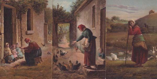 German Lady Farmer Farming Feeding Birds Hens 3x Antique Postcard Bundle