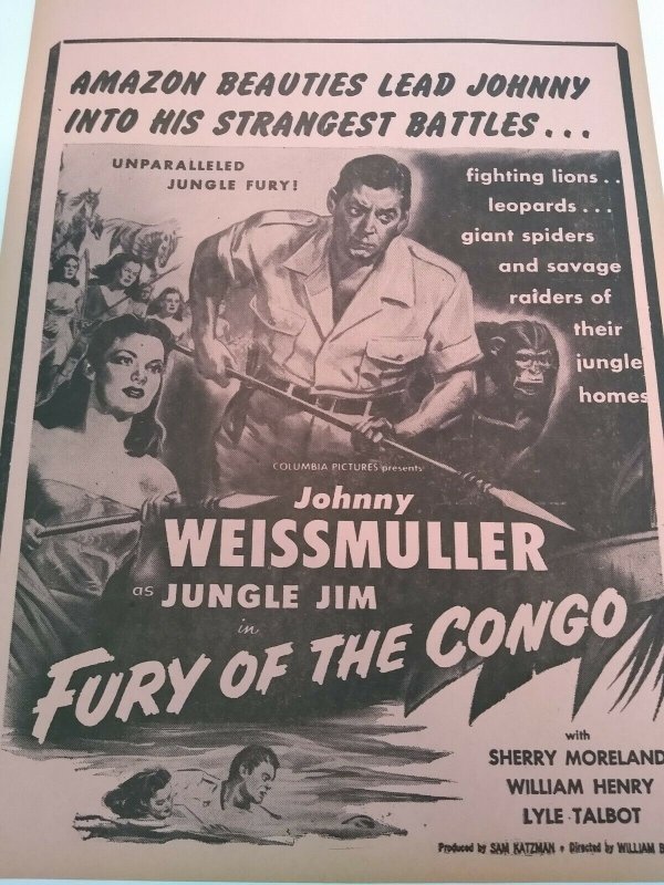 Jungle Jim Fury Of The Congo Johnny Weissmuller Movie Poster 1951 Vintage Amazon