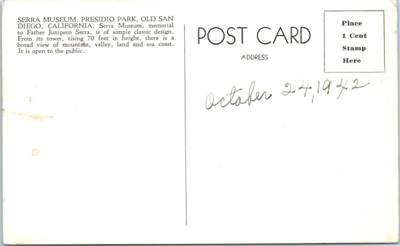 RPPC SAN DIEGO, CA California    SERRA MUSEUM Presidio Park   1942      Postcard