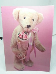 Silly Basil Teddy Bear with Pink Roses Vtg Postcard Linda Spiegel Bearly There