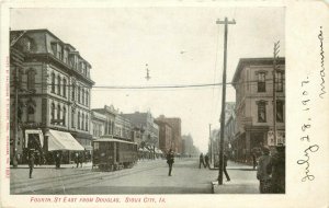 c1907 Postcard; Fourth Street & Douglas, Sioux City IA Trolley Unposted UDB