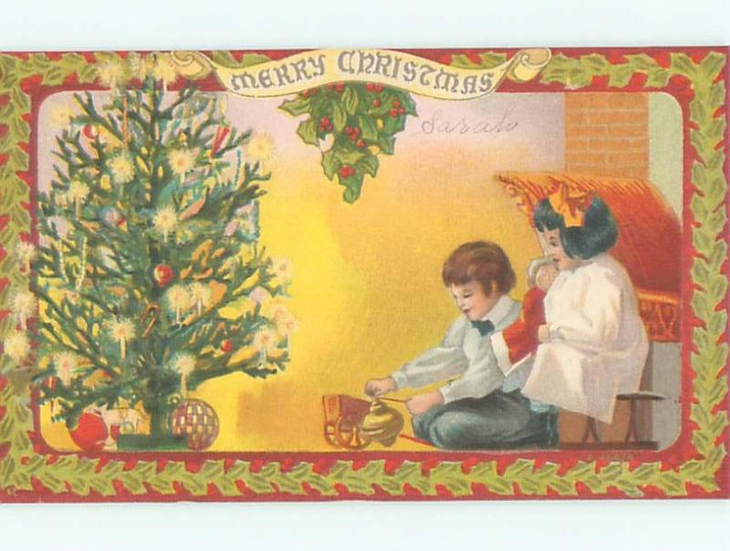 Pre-Linen BOY PLAYS WITH SPINNING TOP BY CHRISTMAS TREE AB5479