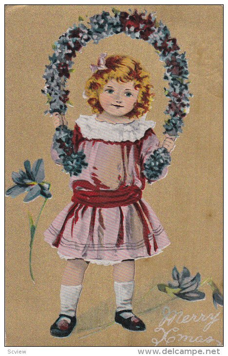 CHRISTMAS, Merry Xmas, Girl holding horseshoe shaped flower wreath, gold back...
