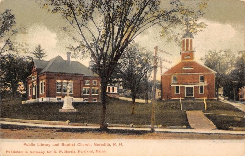 Meredith NH~Public Library~Baptist Church~Civil War Soldiers Monument~1905 PC 