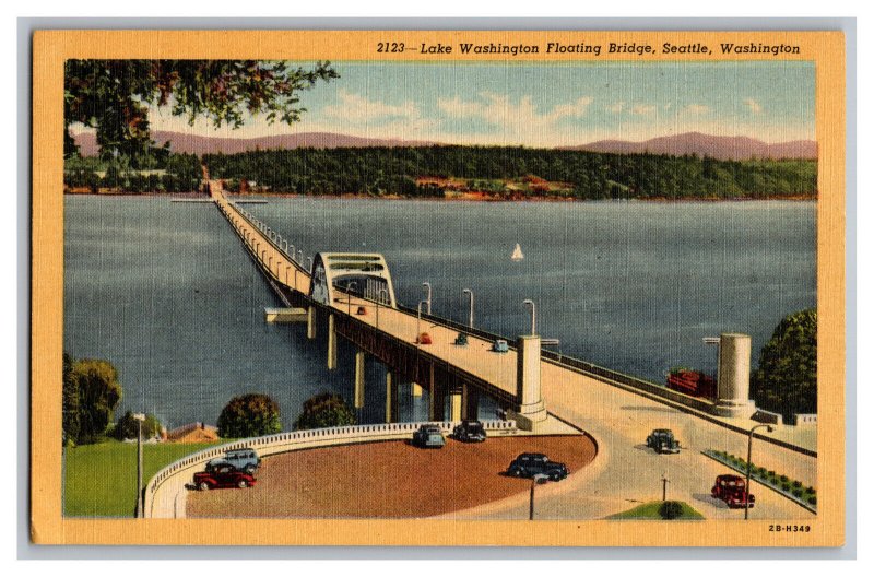 Postcard WA Lake Washington Floating Bridge Seattle Washington Antique Autos