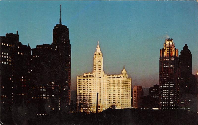 Chicago Illinois~Chicago @ Night~Skyline @Randolph Street~Wrigley Bldg Lit~1950s