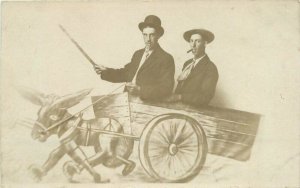 Photo Studio Prop Donkey Cart men C-1910 RPPC Photo Postcard 22-5469