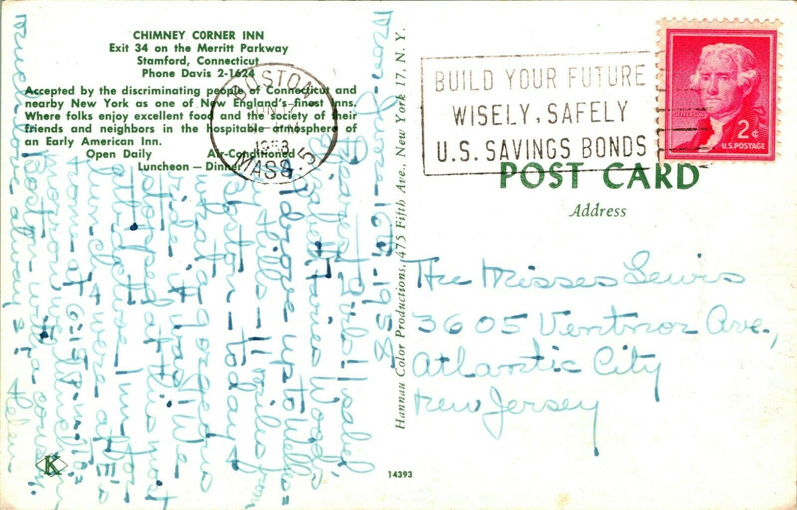 Chimney Corner Inn 1955 Blue Buick Special Stamford CT Chrome Postcard