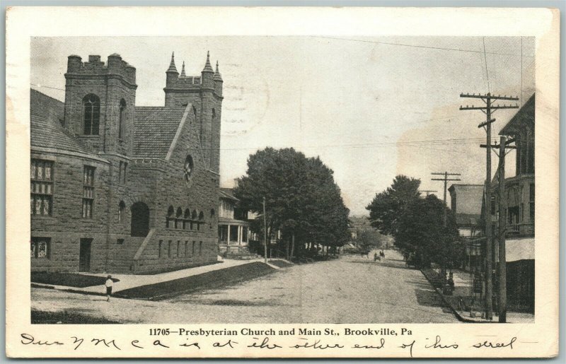 BROOKVILLE PA MAIN STREET & PRESBYTERIAN CHURCH 1907 ANTIQUE POSTCARD