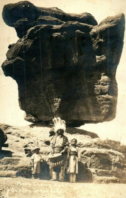 1910's RPPC Pueblo Indian Cheif Garden Of The Gods Balance Rock Postcard F78