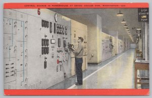 Linen~Control Boards In Powerhouse Grand Coulee Dam Washington~Vintage Postcard
