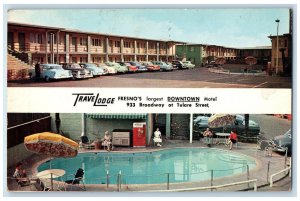 1960 Trave Lodge Motel Swimming Pool Fresno California CA Dual View Postcard 