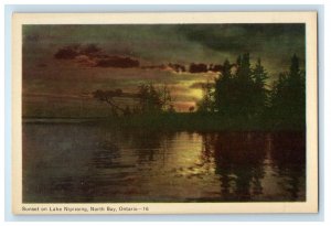 View Of Sunset On Lake Nipissing North Bay Ontario Canada Vintage Postcard