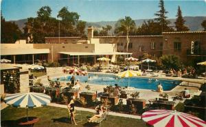 Ojai California Oakes Hotel Cottages Pool 1950s Postcard roadside Roberts 3682
