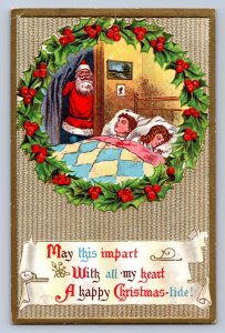 K9/ Santa Claus Christmas Postcard c1910 Children Sleeping Wreath 50