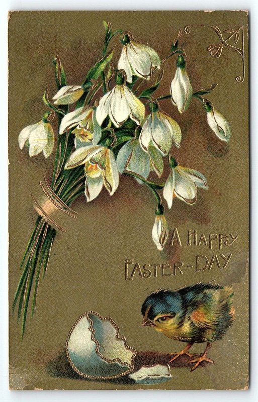 c1910 HAPPY EASTER JACKSON WISCONSIN BABY CHICK LILLIES GILDED POSTCARD P331