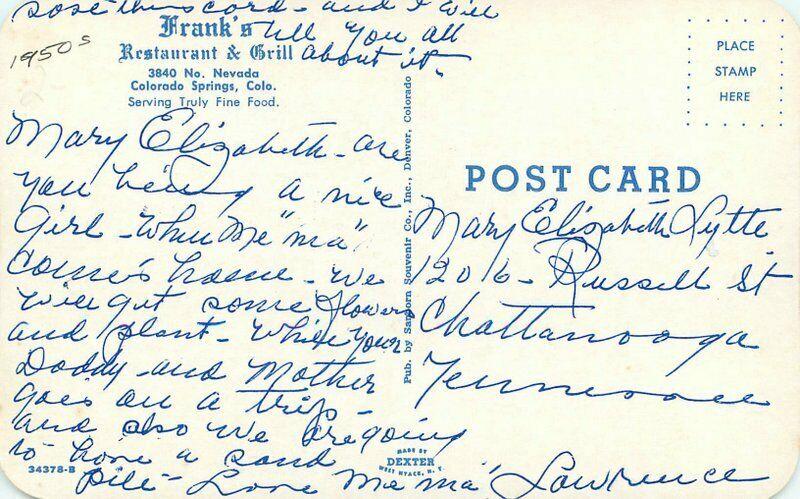 Frank's Restaurant Grill Colorado Springs Colorado 1950s Postcard Sanborn 5621