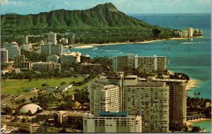 Waikiki Beach Buildings PalmTrees Ocean Water Mountains Boats Postcard WOB PM 