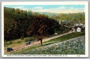 Postcard Wheeling WV c1925 Scene of The National Highway Thru Valley Grove