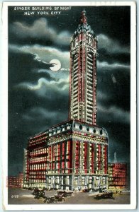 c1910s New York City @ Night Singer Building Litho Photo Postcard Cars Moon A33