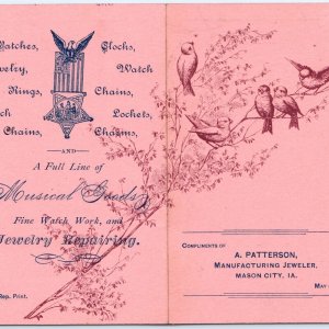 1887 Mason City IA Parade Program Patterson Jewelry Folding Trade Card Store C48