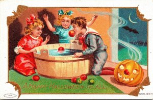 Vintage Taggart Halloween Postcard Children Bobbing Apples, Bat, JOL & Moon