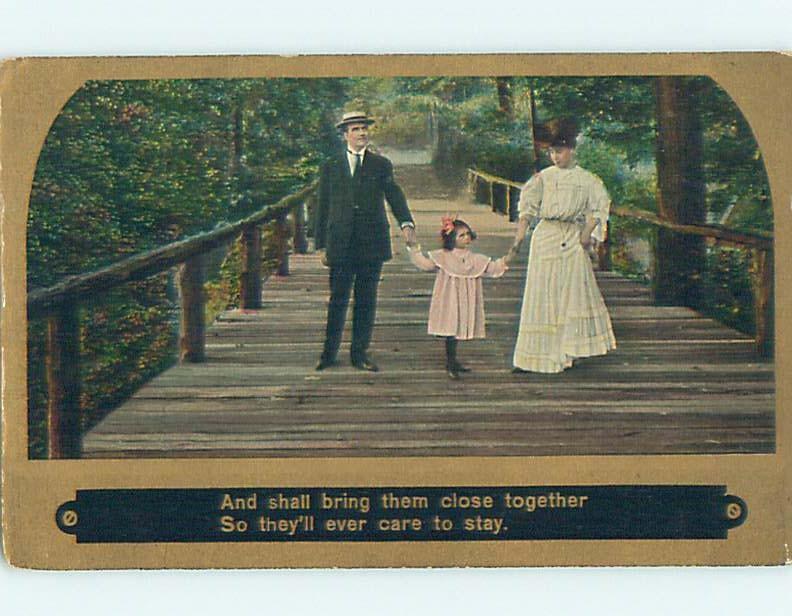 Pre-Linen art nouveau GIRL WALKING HAND-IN-HAND WITH PARENTS ON BRIDGE HL4349