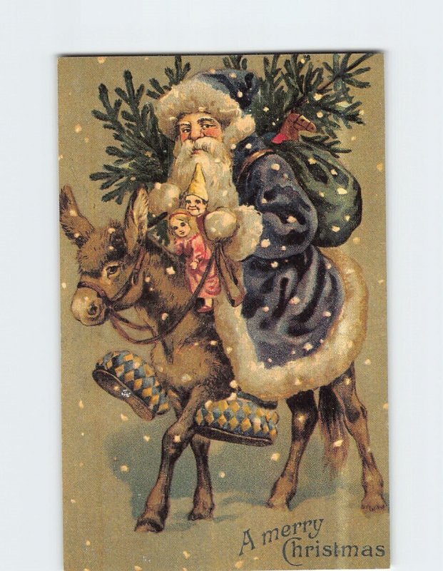 Postcard A merry Christmas with Santa Toys Donkey Christmas Art Print