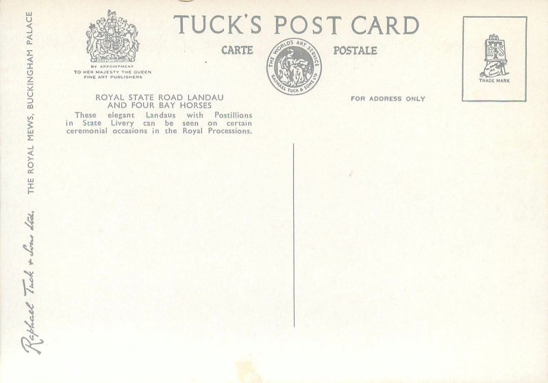 Royal Mews Buckingham Palace Tuck Postcard Royal State Road Landau and horses