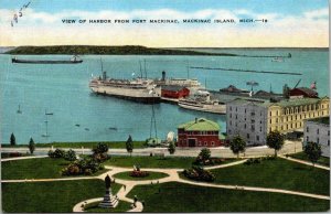 VTG Postcard Harbor View Fort Mackinac Island Mich 1952 Ferry Boats Freight  65