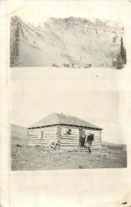 1907-1920 2 View RPPC Men & Log Cabin; Horses Pull Sleds In Snow, Cliff, Wyoming