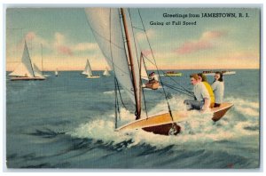 1940 Greetings From Full Speed Jamestown Rhode Island Vintage Antique Postcard