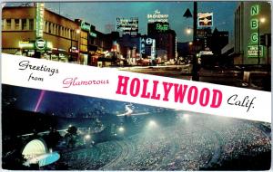 HOLLYWOOD, CA   Double View STREET SCENE & Hollywood Bowl  c1950s  Postcard